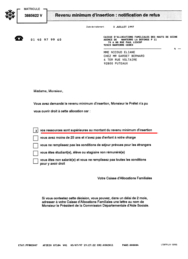 03 juillet 1997 - CAF/refus RMI - Notification de refus - 2