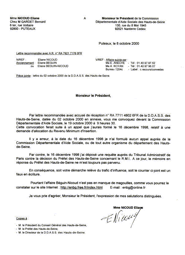 08 octobre 2000 : Puteaux, lettre au Président de la Commission de la DDASS.