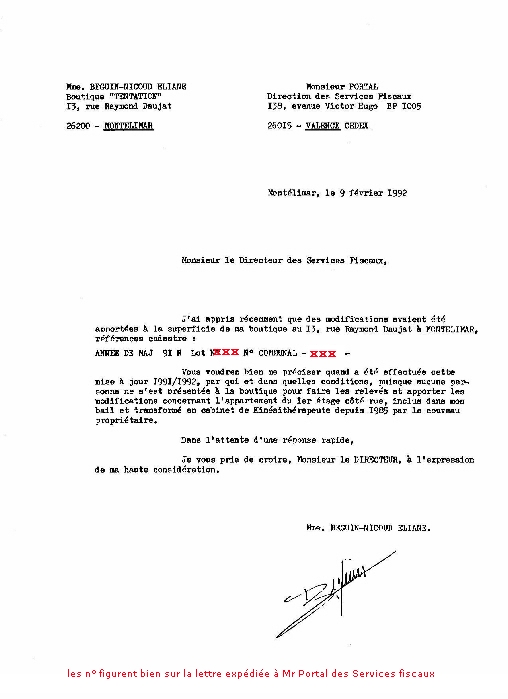 09 FEV. 1992 - Lettre AR. à Mr PORTAL Services Fiscaux de Valence