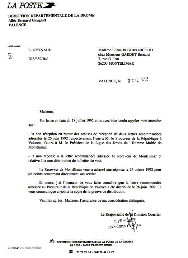 Réponse 03/11/1992 D.D.Poste-Drôme /Inspecteur Principal Y. PRADILE