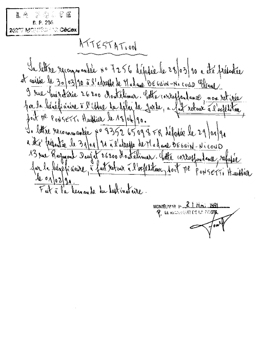 Attestation du 21 mai 1991 de la Poste.