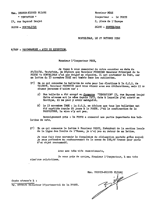 Ma lettre du 27 octobre 1992 à L'Inspecteur J.P. MÈGE + Réclamation à la Poste.
