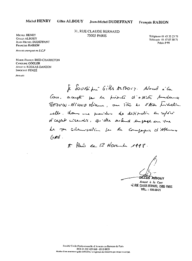 13/11/1998 - Lettre de Ma�tre ALBOUY pour ma demande d'Aide Juridictionnelle.
