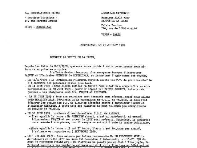 21 juillet 1989 - Lettre au député Alain Fort - je lui signale que le Greffier Hazane du TGI. de Valence à un Code qui date de 1979 - page1