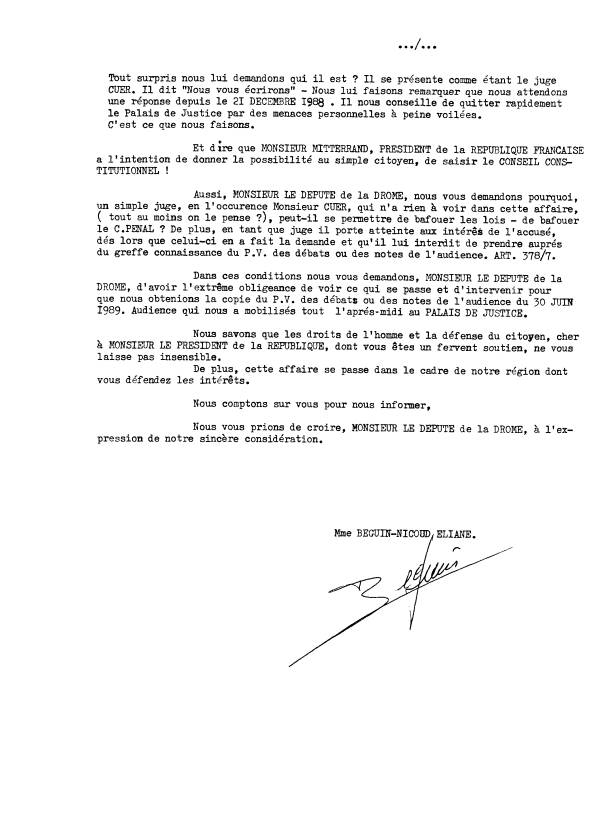 21 juillet 1989 - Lettre au député Alain Fort - je lui signale que le Greffier Hazane du TGI. de Valence à un Code qui date de 1979 - page2