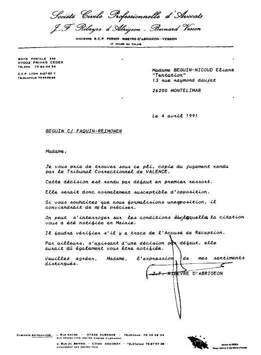lettre avocat Ribeyre d'Abrigeon
