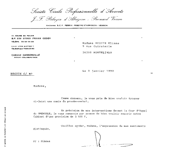 09 JAN. 1990 - Lettre de Ribeyre + PV - Demande 3.500 F pour intervenir Cour A