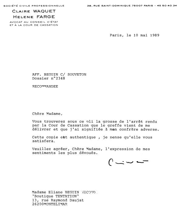 10 mai 1989 - Lettre AR.1022 de Claire WAQUET - Grosse Arrêt rendu par Cour de Cassation