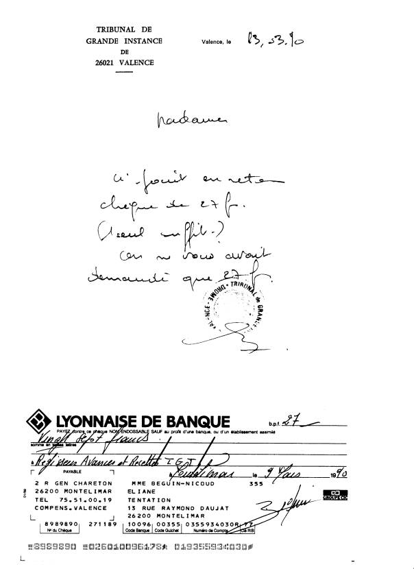 13/03/1990 - Reponse du TGI de Valence + retour de mon chèque -