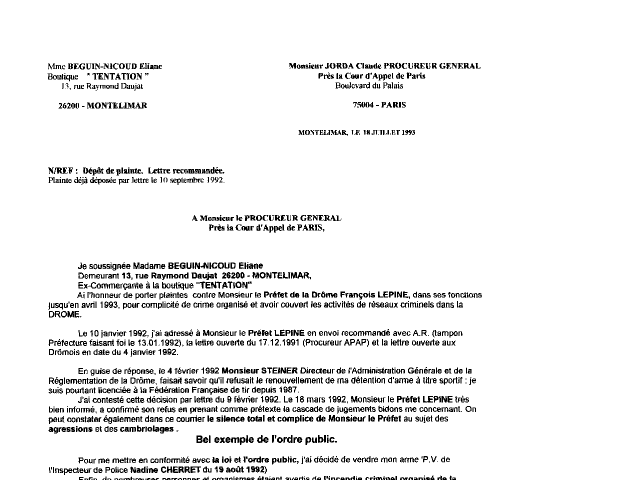 10 SEP. 1992 - Plainte contre le PREFET François LEPINE