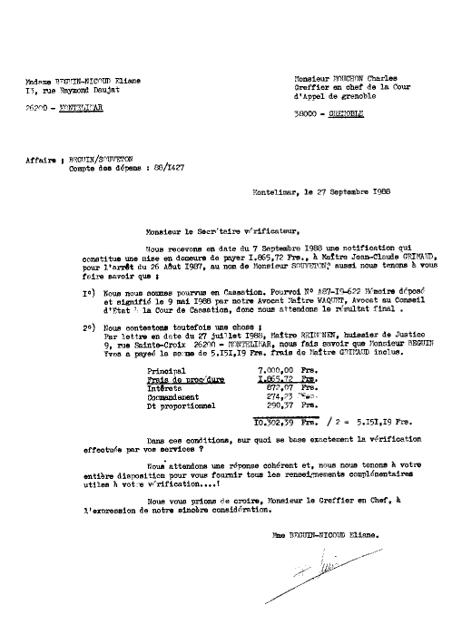 27 Septembre 1988 - J'exp. lettre AR au Greffier/Chef  Mouchon - Je demande explication pour les frais.
