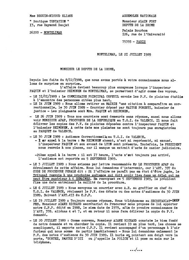 21 juillet 1989 - Lettre au député Alain Fort - je lui signale que le Greffier Hazane du TGI. de Valence à un Code qui date de 1979 - page1