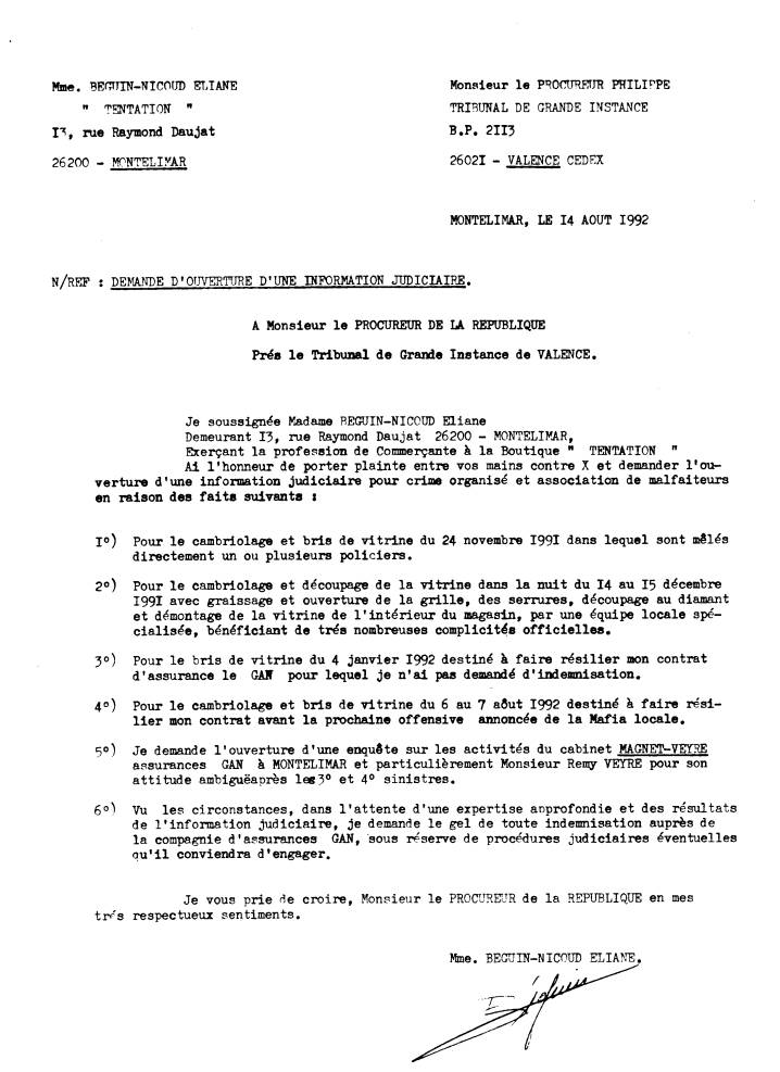 14 AOU. 1992 - Lettre AR. au Procureur de la Rpublique Jean Philippe 