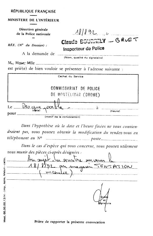 une CONVOCATION des inspecteurs de police - Claude Bourrely & Bruet. 