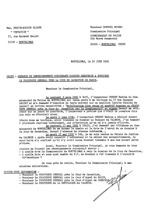 10 juin 1991 - Lettre à Michel Orfeuil  Commissaire Principal de la police à Montélimar
